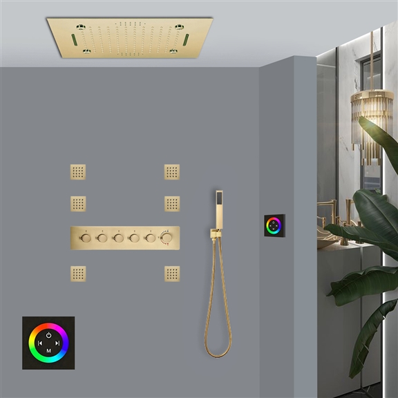 TRENTO LED MUSICAL 20" TOUCH PANEL CONTROLLED THERMOSTATIC RECESSED CEILING MOUNT BRUSHED GOLD RAINFALL MIST WATERFALL SHOWER SYSTEM WITH HAND SHOWER AND 6 BODY JETS